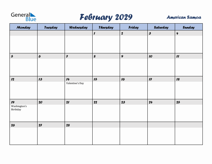 February 2029 Calendar with Holidays in American Samoa