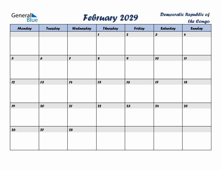 February 2029 Calendar with Holidays in Democratic Republic of the Congo