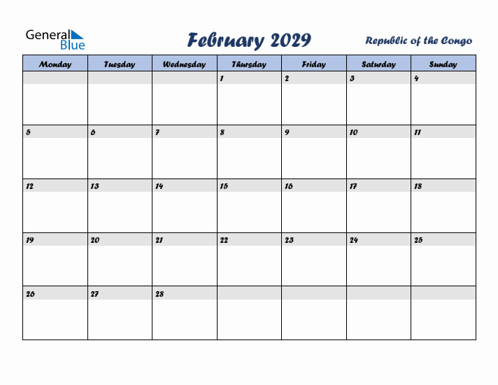 February 2029 Calendar with Holidays in Republic of the Congo
