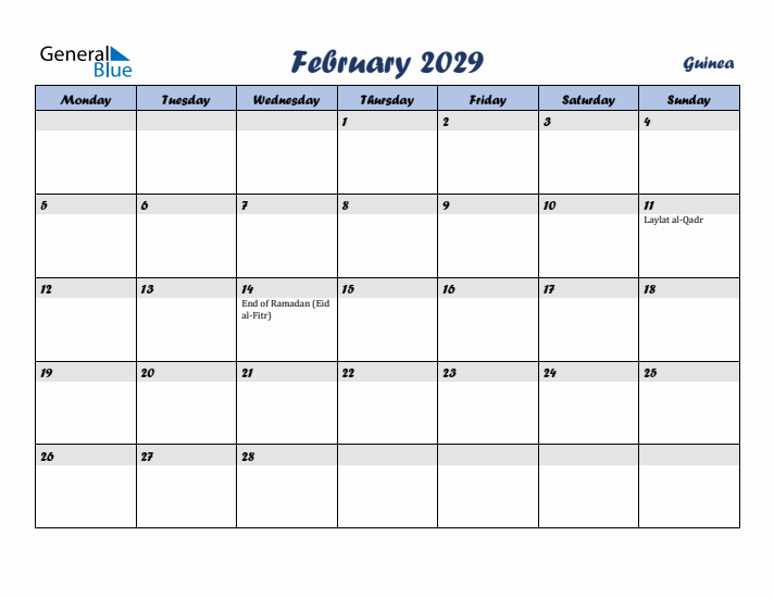 February 2029 Calendar with Holidays in Guinea