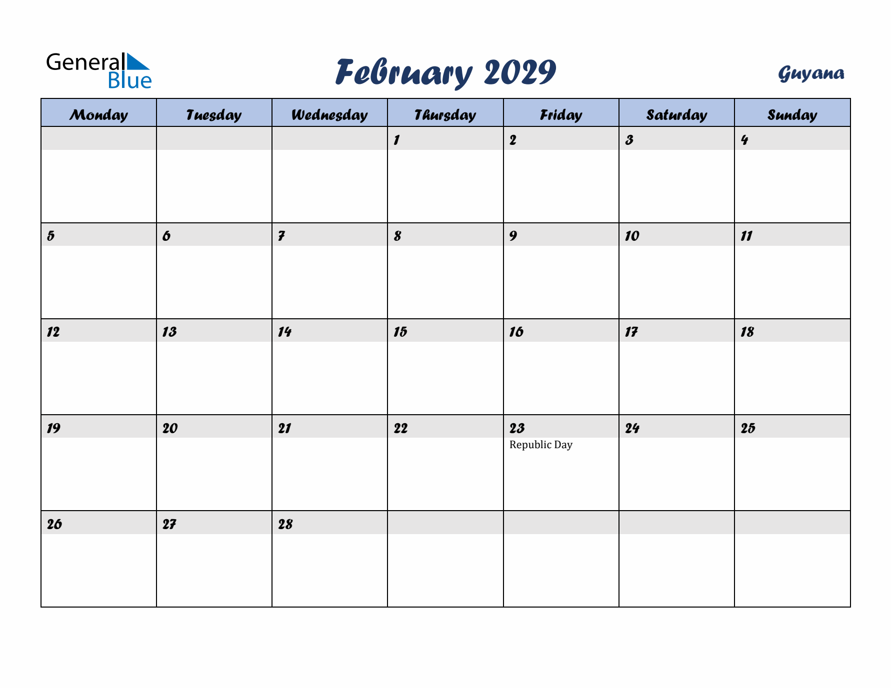 February 2029 Calendar with Holidays in Guyana