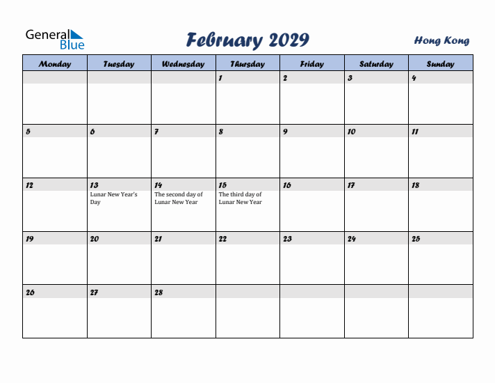 February 2029 Calendar with Holidays in Hong Kong
