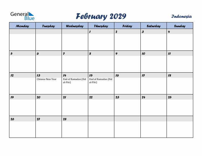 February 2029 Calendar with Holidays in Indonesia