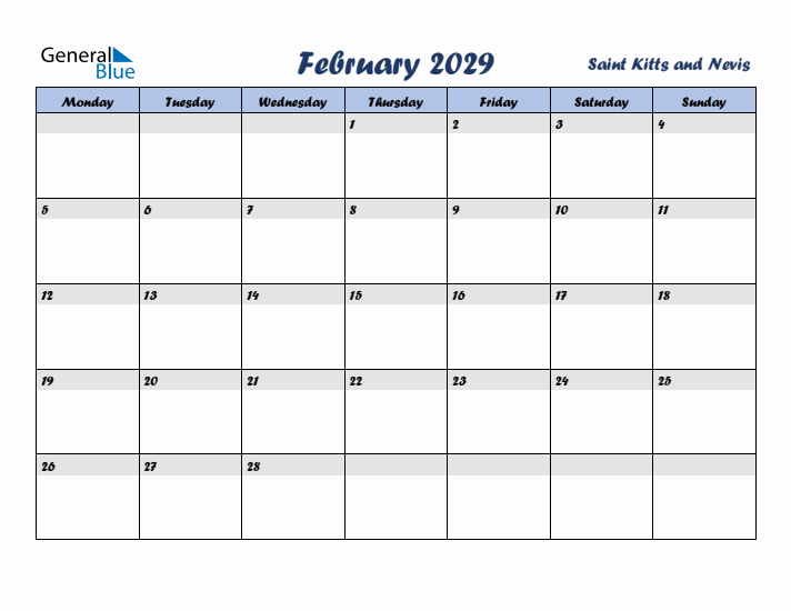February 2029 Calendar with Holidays in Saint Kitts and Nevis