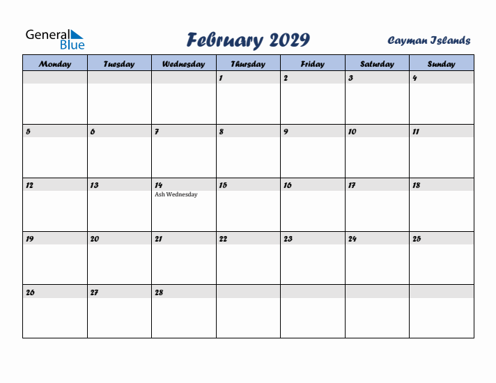 February 2029 Calendar with Holidays in Cayman Islands