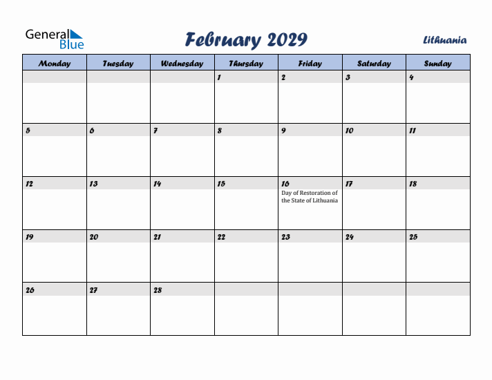 February 2029 Calendar with Holidays in Lithuania