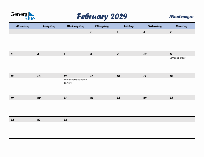 February 2029 Calendar with Holidays in Montenegro