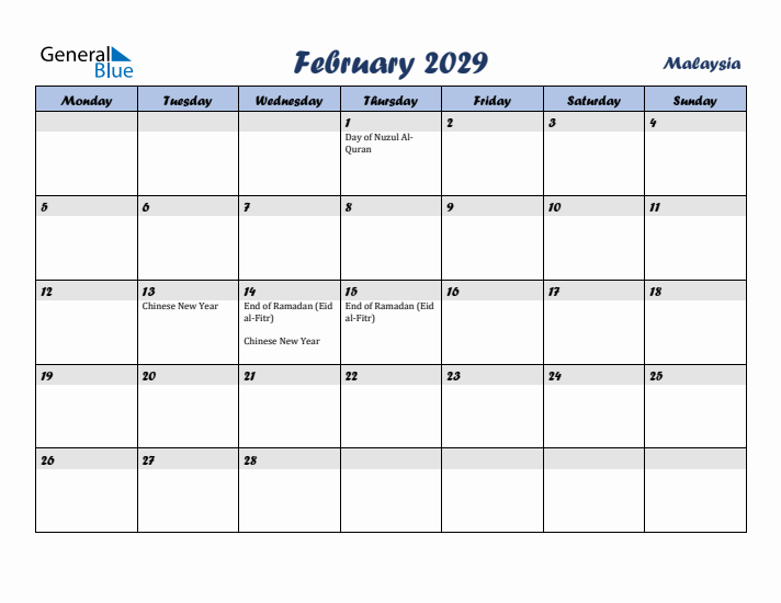 February 2029 Calendar with Holidays in Malaysia