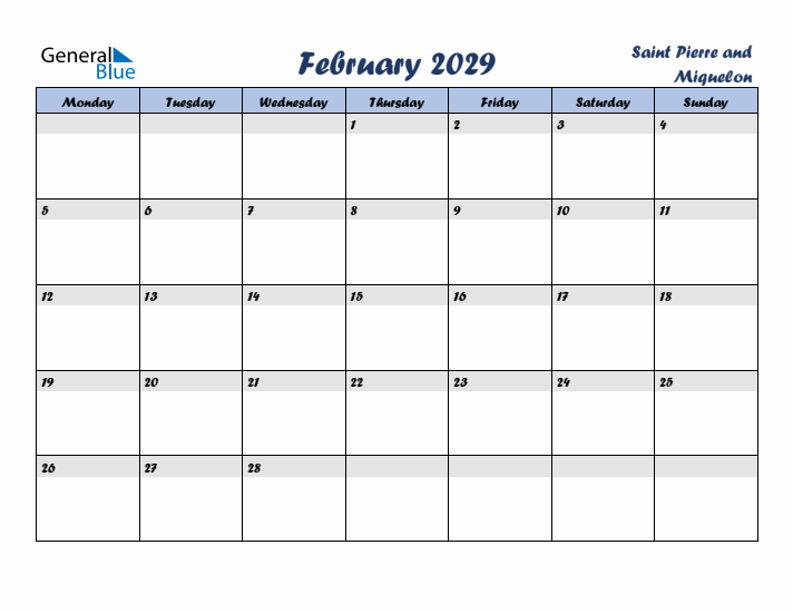 February 2029 Calendar with Holidays in Saint Pierre and Miquelon