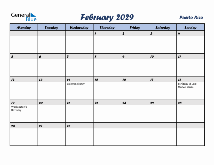 February 2029 Calendar with Holidays in Puerto Rico