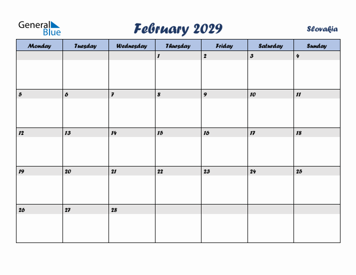 February 2029 Calendar with Holidays in Slovakia
