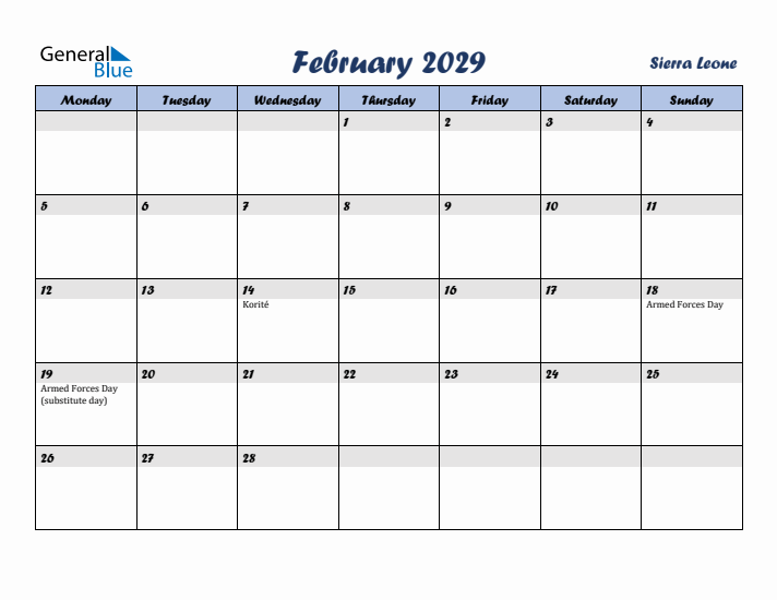 February 2029 Calendar with Holidays in Sierra Leone
