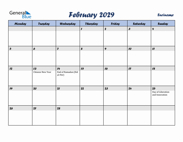 February 2029 Calendar with Holidays in Suriname