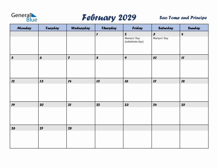 February 2029 Calendar with Holidays in Sao Tome and Principe