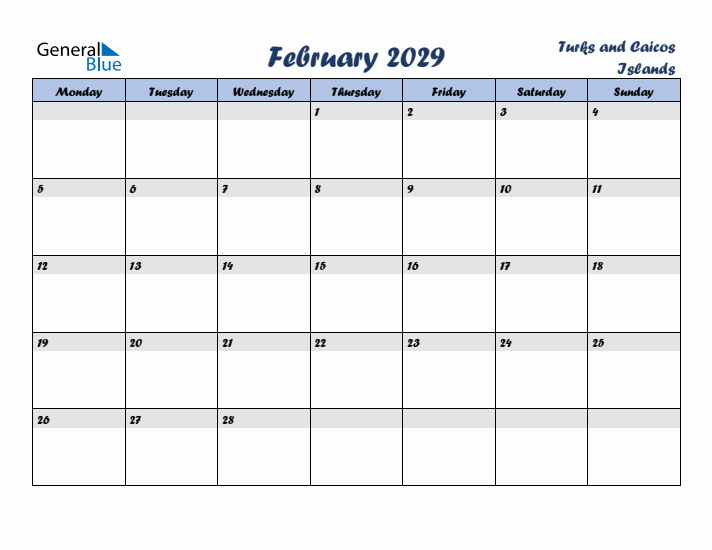 February 2029 Calendar with Holidays in Turks and Caicos Islands