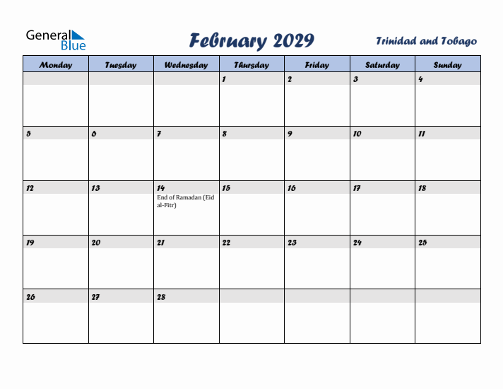 February 2029 Calendar with Holidays in Trinidad and Tobago