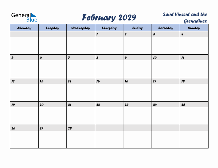 February 2029 Calendar with Holidays in Saint Vincent and the Grenadines
