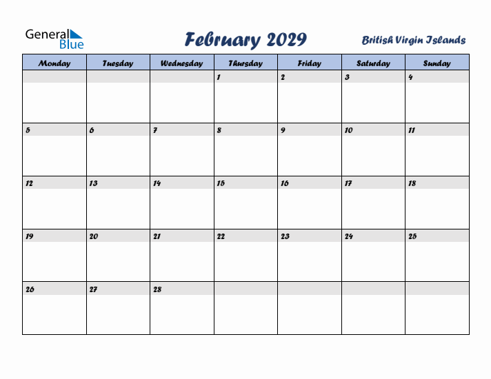 February 2029 Calendar with Holidays in British Virgin Islands