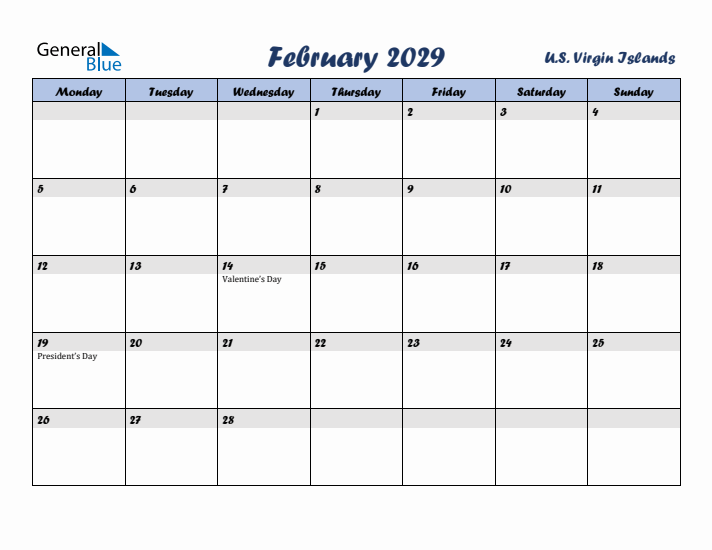 February 2029 Calendar with Holidays in U.S. Virgin Islands