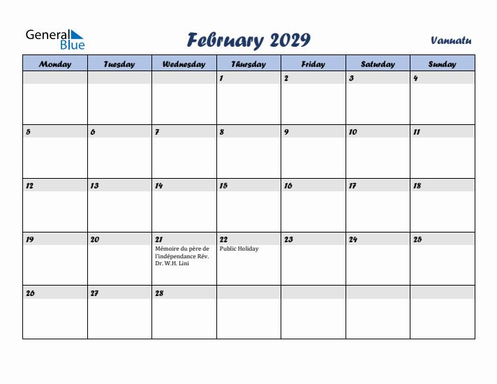 February 2029 Calendar with Holidays in Vanuatu