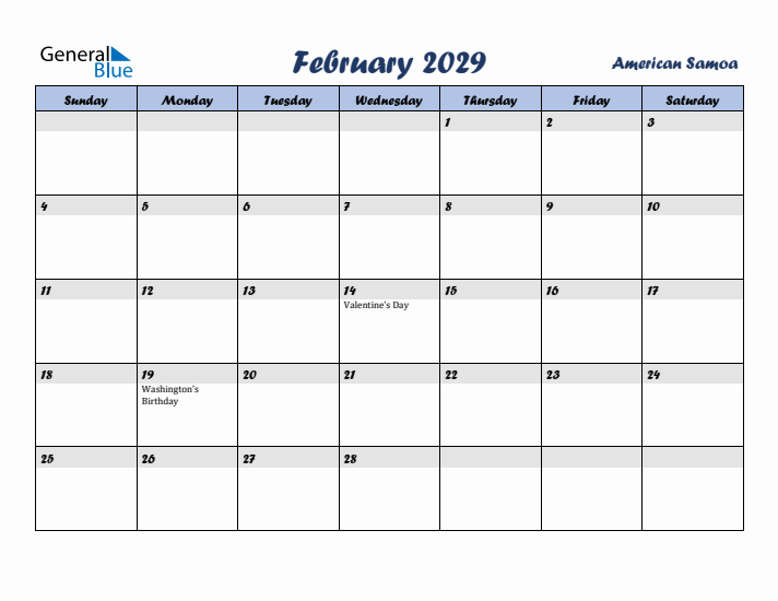February 2029 Calendar with Holidays in American Samoa