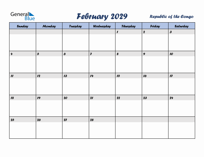 February 2029 Calendar with Holidays in Republic of the Congo
