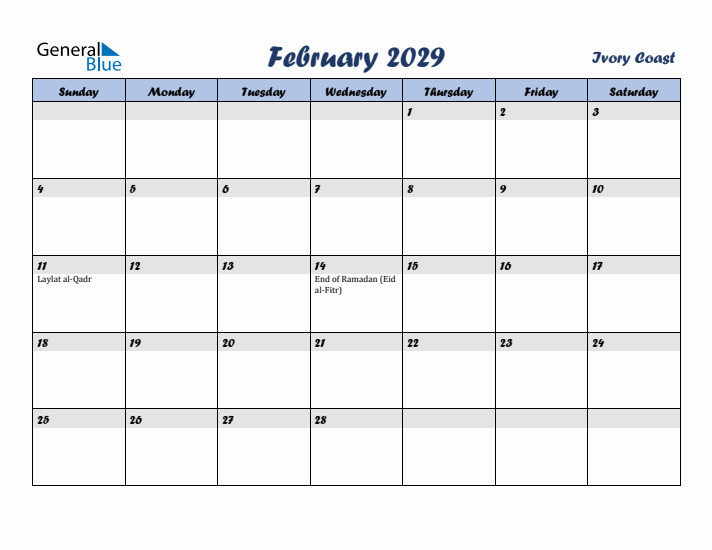 February 2029 Calendar with Holidays in Ivory Coast