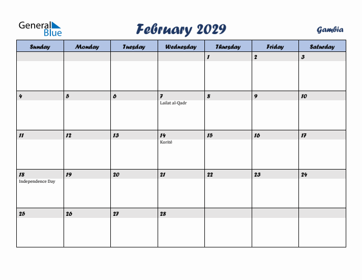 February 2029 Calendar with Holidays in Gambia