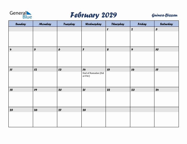 February 2029 Calendar with Holidays in Guinea-Bissau