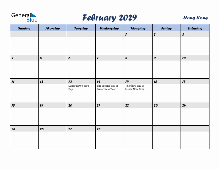February 2029 Calendar with Holidays in Hong Kong
