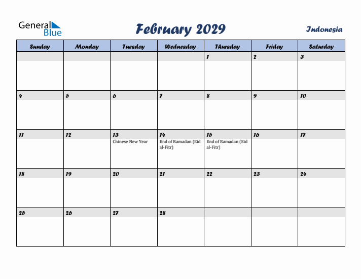 February 2029 Calendar with Holidays in Indonesia