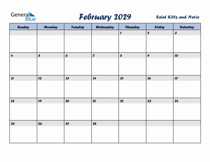 February 2029 Calendar with Holidays in Saint Kitts and Nevis