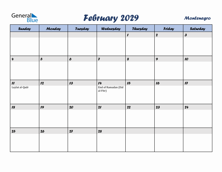 February 2029 Calendar with Holidays in Montenegro