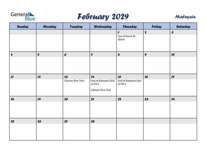 February 2029 Calendar with Holidays in Malaysia