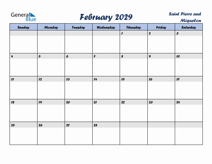 February 2029 Calendar with Holidays in Saint Pierre and Miquelon