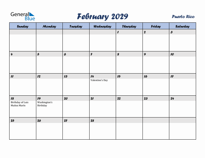 February 2029 Calendar with Holidays in Puerto Rico