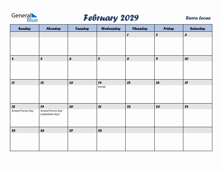February 2029 Calendar with Holidays in Sierra Leone