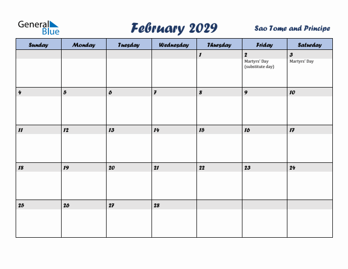February 2029 Calendar with Holidays in Sao Tome and Principe