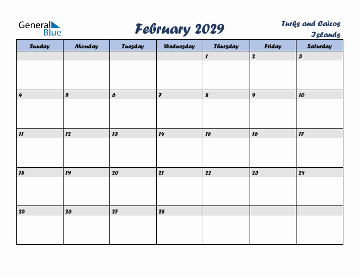 February 2029 Calendar with Holidays in Turks and Caicos Islands