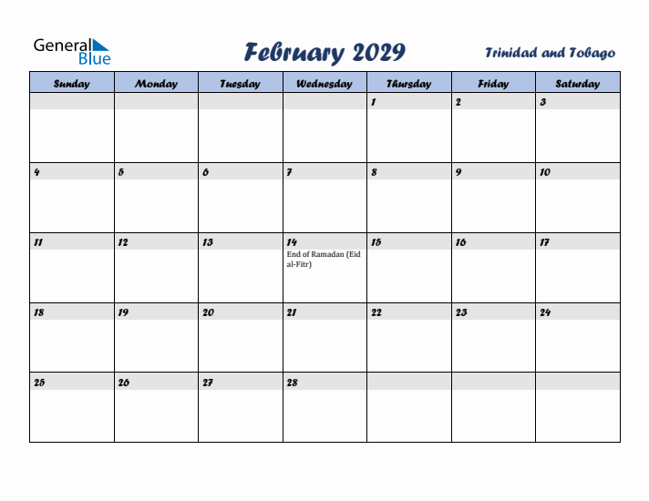 February 2029 Calendar with Holidays in Trinidad and Tobago