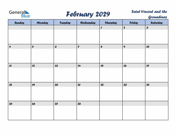 February 2029 Calendar with Holidays in Saint Vincent and the Grenadines