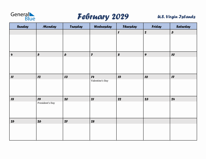 February 2029 Calendar with Holidays in U.S. Virgin Islands