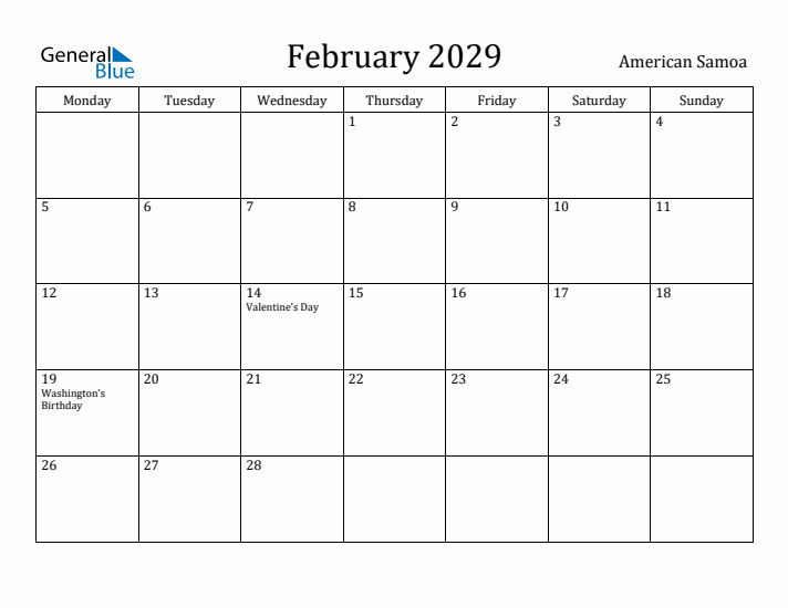 February 2029 Calendar American Samoa