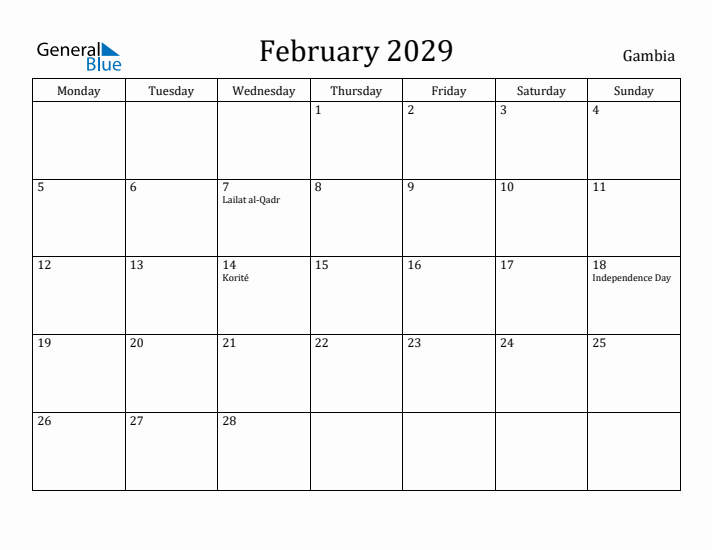 February 2029 Calendar Gambia