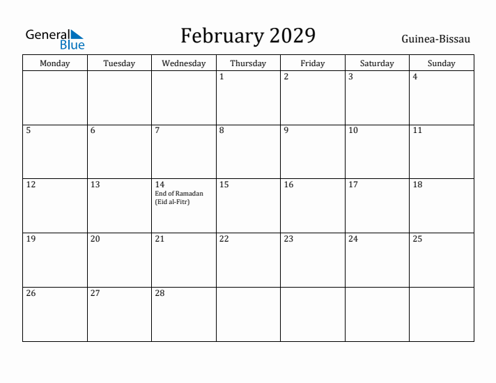 February 2029 Calendar Guinea-Bissau