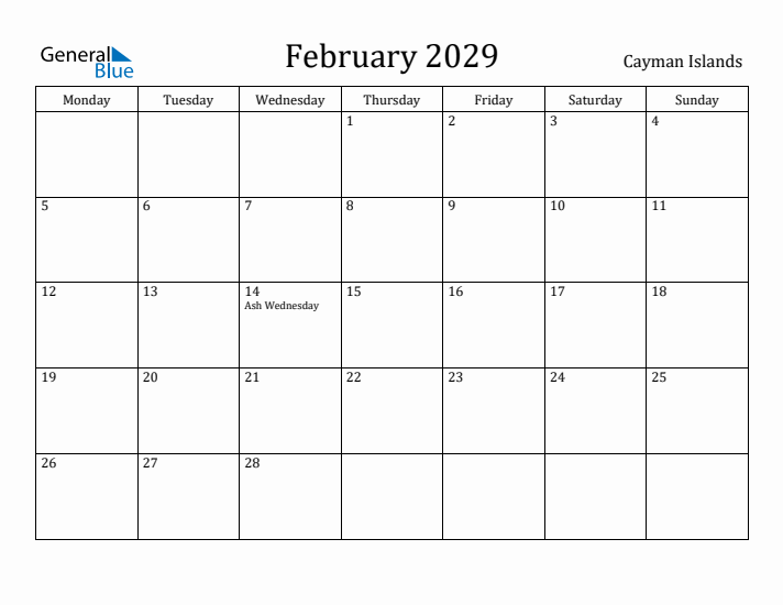 February 2029 Calendar Cayman Islands