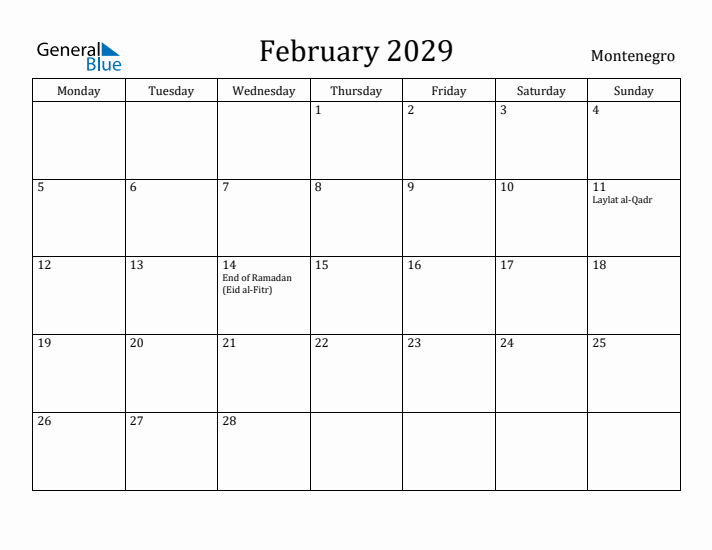 February 2029 Calendar Montenegro
