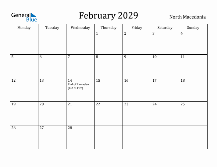 February 2029 Calendar North Macedonia