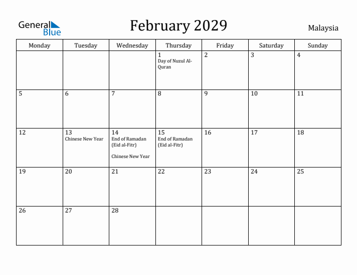 February 2029 Calendar Malaysia