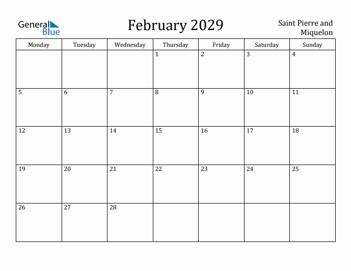 February 2029 Calendar Saint Pierre and Miquelon